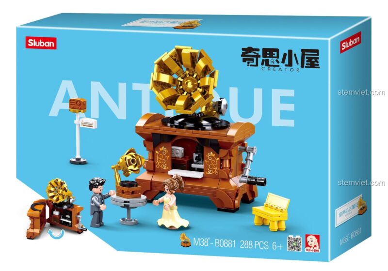 Hộp sản phẩm đầy đủ của bộ lắp ghép Sluban M38-B0881 Cửa Hàng Đồ Cổ Máy Hát Đĩa, đồ chơi mô hình chất lượng cao cho bé gái 6 tuổi.