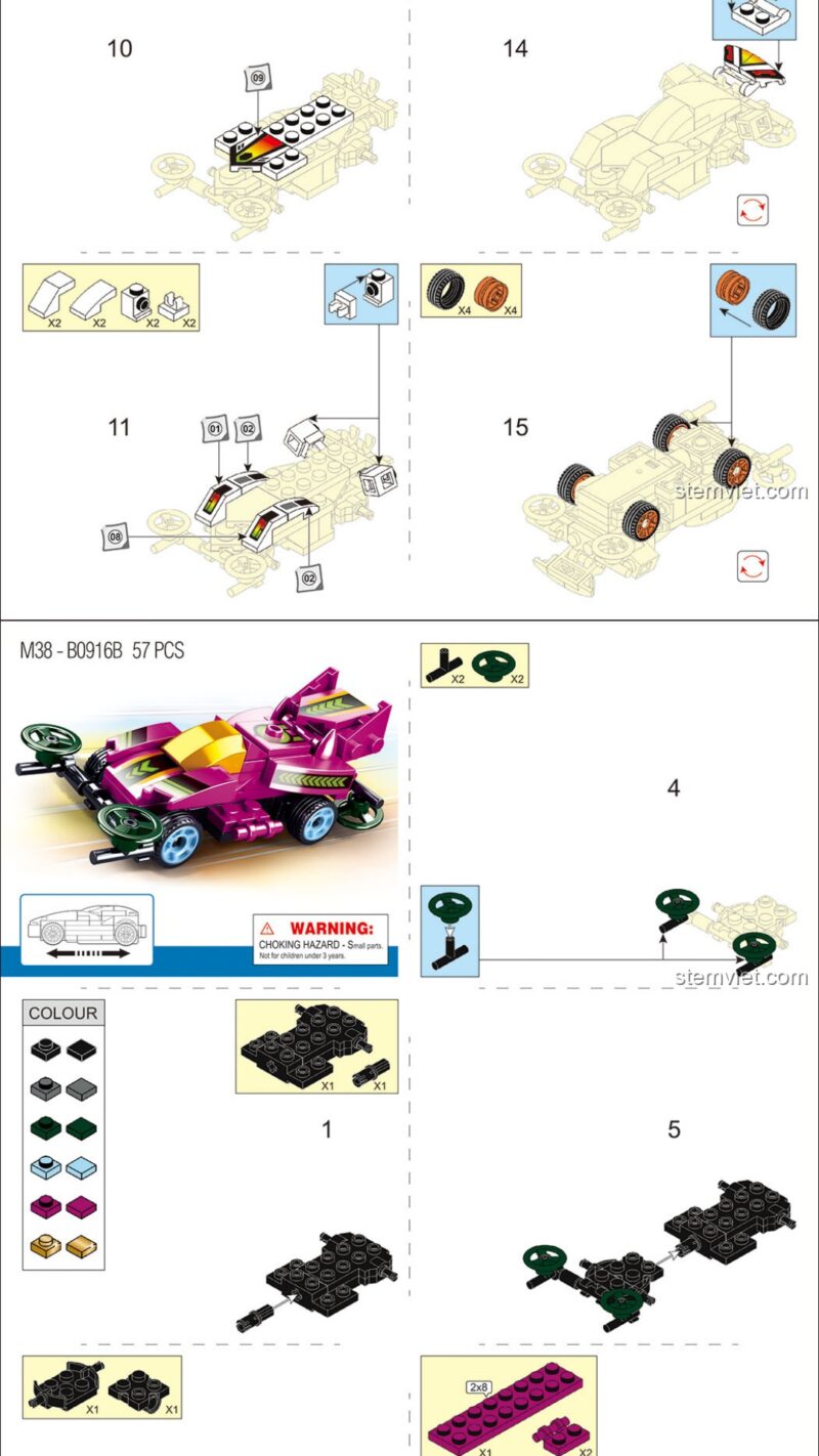 Bộ Sưu Tập 8 Xe Đua Rực Lửa và Xe Thành Phố Sluban M38-B0916 hướng dẫn lắp ráp Sluban 916 Xe đua Rực Lửa và Thành Phố