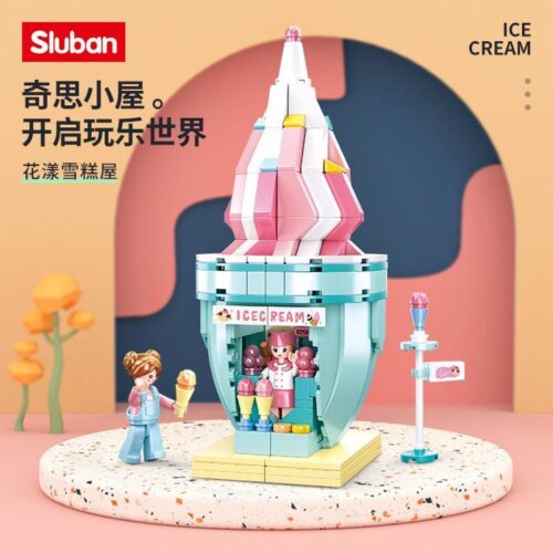Bộ lắp ghép Cửa Hàng Kem Sluban M38-B0917, đồ chơi xếp hình giá rẻ cho bé gái 6 tuổi, mô hình tiệm kem ngọt ngào.