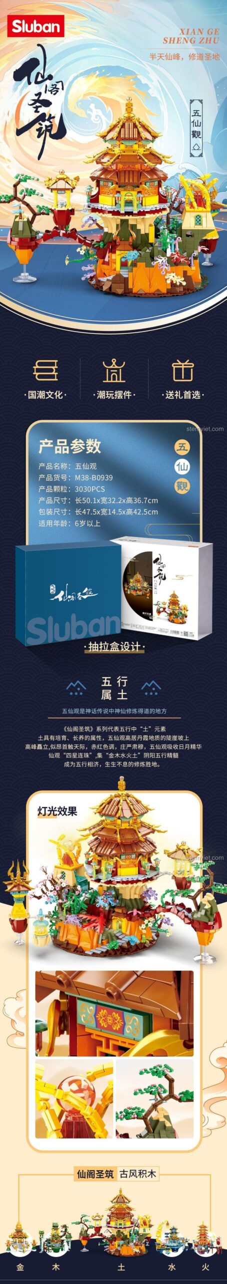 Poster quảng cáo đồ chơi mô hình Sluban M38-B0939, giới thiệu chi tiết sản phẩm Ngũ Tiên Quán với 3030 mảnh ghép và hiệu ứng đèn LED.