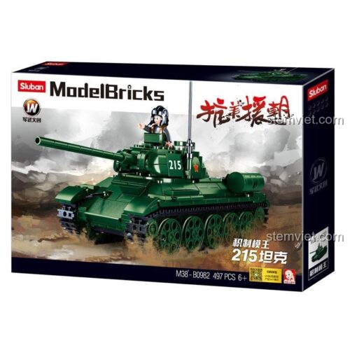 đồ chơi mô hình M38-B0982, hộp sản phẩm xe tăng Sluban M38-B0982 với 497 mảnh ghép, tái hiện xe tăng 215, đáng tiền cho bé trai 6 tuổi.