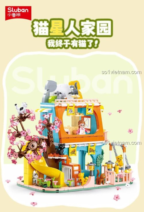 Tổng thể bộ đồ chơi Sluban M38-B1089 Ngôi nhà Mèo Ngọt Ngào với chú thích
