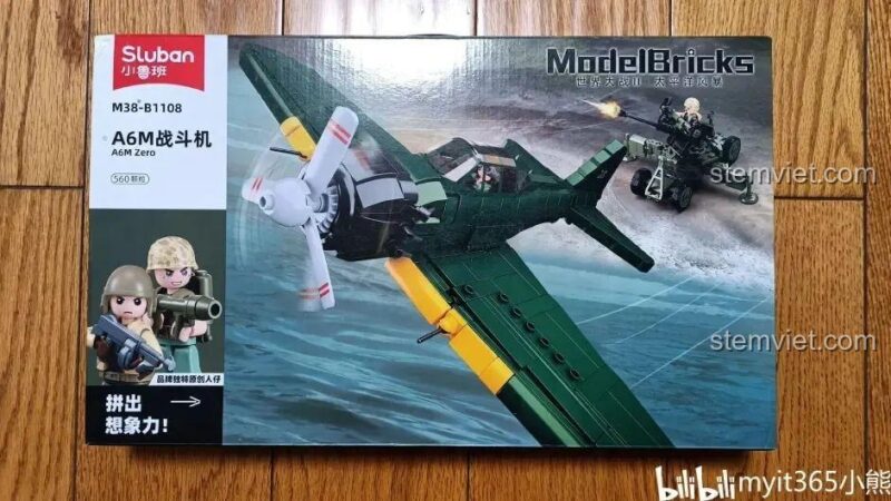 Bộ lắp ráp máy bay chiến đấu A6M Zero Sluban M38-B1108 và pháo cao xạ, đồ chơi mô hình quân sự cho bé trai 8 tuổi.