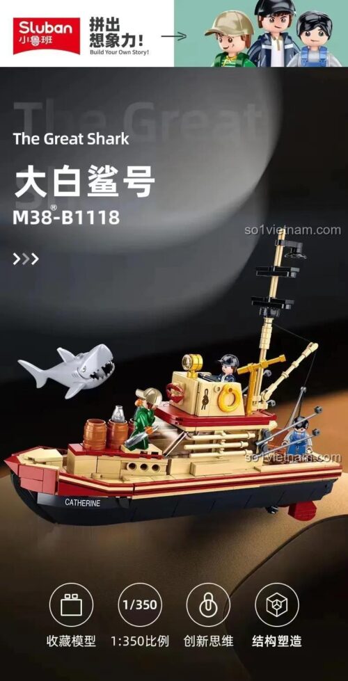 Sluban M38-B1118 Tàu đánh cá Đại Bạch Shark, hộp sản phẩm có 3 minifigures, tỉ lệ 1:350, đồ chơi cho bé trai 8 tuổi