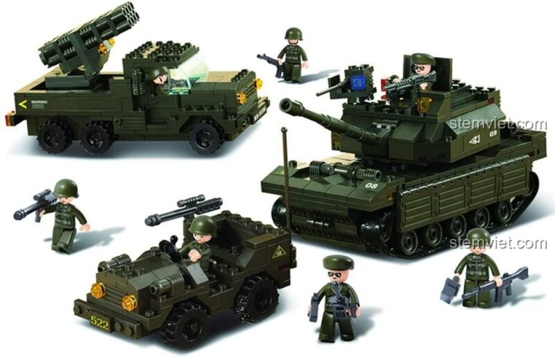 Bộ lắp ghép Sluban M38-B6300 Xe Tăng Lưỡng Cư Đội Cobra với xe tăng, xe jeep và các minifigures lính, phù hợp bé trai yêu thích quân sự.