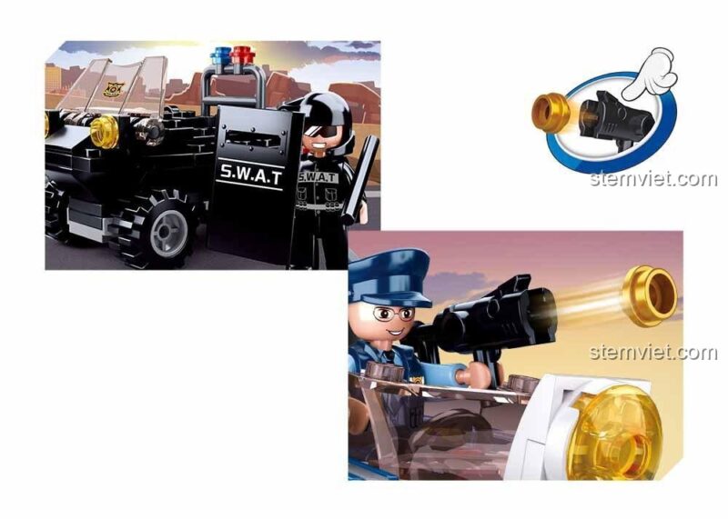 Tính năng bắn đạn nhựa của xe đặc nhiệm SWAT và ca nô trong bộ lắp ghép Sluban M38B0658. Đồ chơi hành động hấp dẫn cho bé trai.