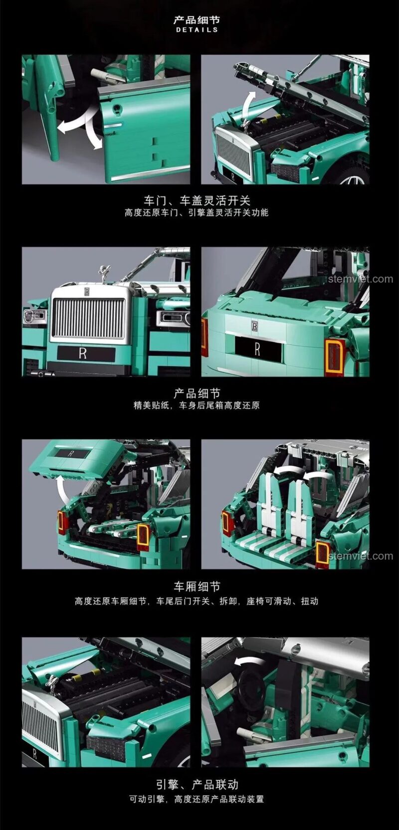 Chi tiết cửa xe và nắp capo linh hoạt của mô hình Rolls-Royce Cullinan K93 Super 18K, đồ chơi mô hình cao cấp.