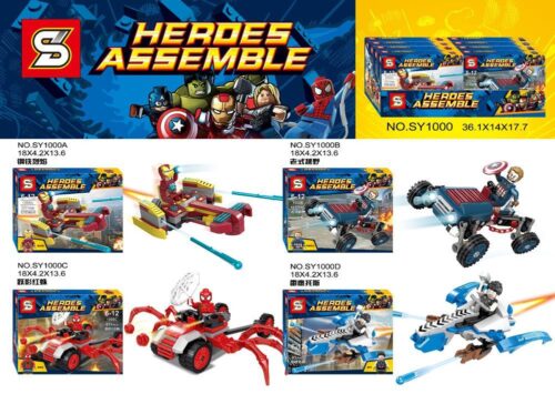 Bộ lắp ghép SY1000 Heroes Assemble Liên Minh Báo Thù với 4 siêu anh hùng Người Sắt, Đội trưởng Mỹ, Người Nhện, Thần Sấm Thor và phương tiện độc đáo, phù hợp cho bé trai 6 tuổi, giá tốt.