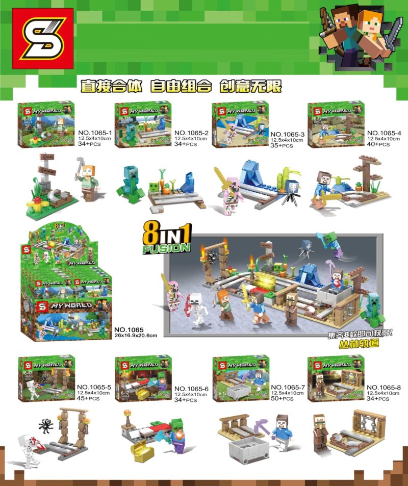 Bộ lắp ráp Thế Giới Minecraft SY 1065 giá rẻ, gồm 8 mô hình nhỏ và 8 minifigures, phù hợp cho bé trai 6 tuổi.
