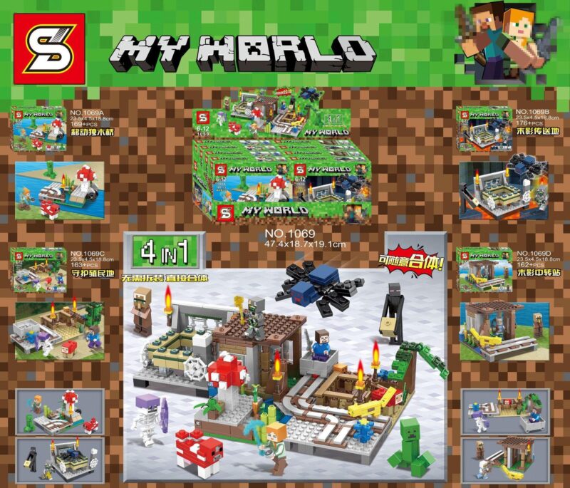 Bộ lắp ghép Minecraft 4 trong 1 SY 1069, đồ chơi lắp ráp thế giới khối vuông, mô hình sáng tạo cho bé trai 6-12 tuổi, giá tốt