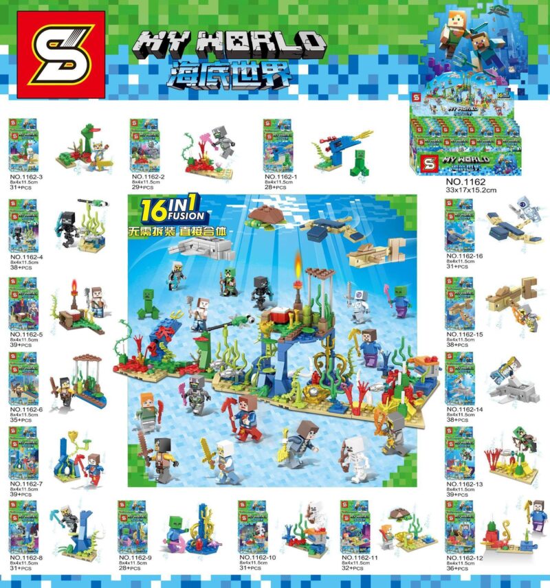 Bộ lắp ghép Thế giới dưới nước Minecraft SY 1162 (543 mảnh) cho bé trai 6 tuổi, giá rẻ. Lắp được 16 mô hình nhỏ và 1 mô hình lớn.
