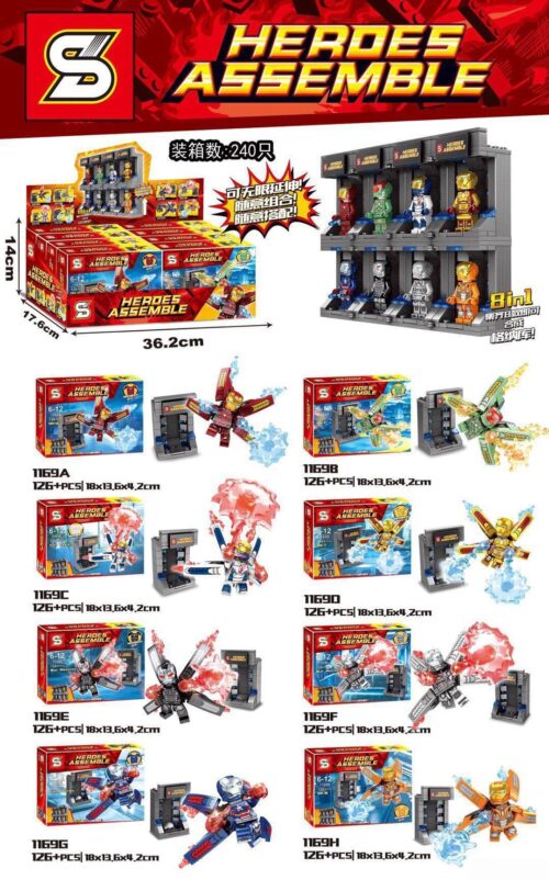 Kho giáp Iron Man SY1169 Heroes Assemble, bộ xếp hình 8 minifigure Iron Man đa dạng màu sắc, đồ chơi lắp ráp cho bé trai 6 tuổi.