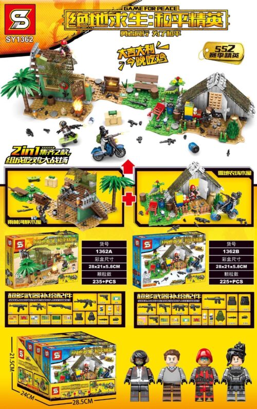 Bộ lắp ráp Game For Peace SY1362 2 trong 1, mô hình chiến trường sinh tồn với nhà gỗ rừng mưa và nhà gỗ tuyết, kèm nhiều lính đặc nhiệm và xe mô tô quân sự. Đồ chơi lắp ráp chất lượng cao cho bé trai 6 tuổi, giá tốt.