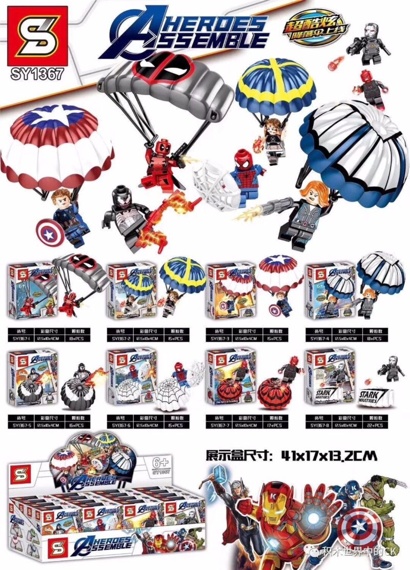 Bộ đồ chơi Minifigure Biệt Đội Siêu Anh Hùng SY1367 với 8 nhân vật Marvel có dù nhảy thật, phù hợp cho bé trai 6 tuổi, giá tốt.