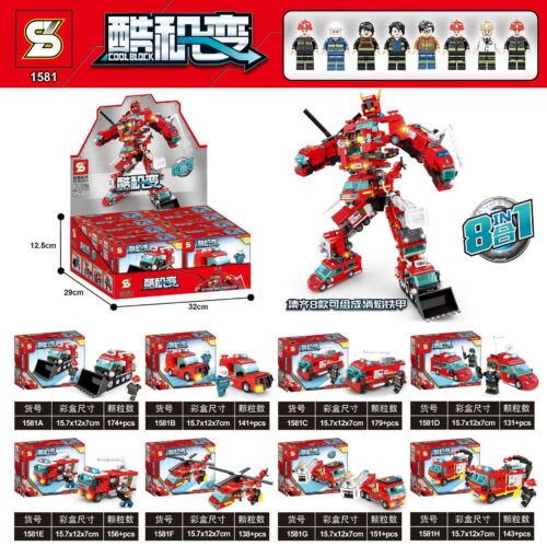 Bộ đồ chơi lắp ráp SY 1581 Robot Cứu Hỏa 8in1, mô hình robot biến hình từ 8 xe cứu hỏa, 1213 mảnh ghép, phù hợp bé trai 6 tuổi, giá tốt.