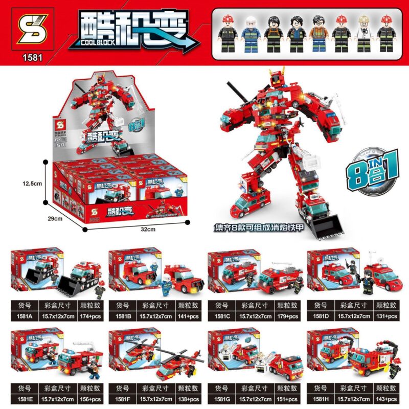 Bộ đồ chơi lắp ráp SY 1581 Robot Cứu Hỏa 8in1, mô hình robot biến hình từ 8 xe cứu hỏa, 1213 mảnh ghép, phù hợp bé trai 6 tuổi, giá tốt.