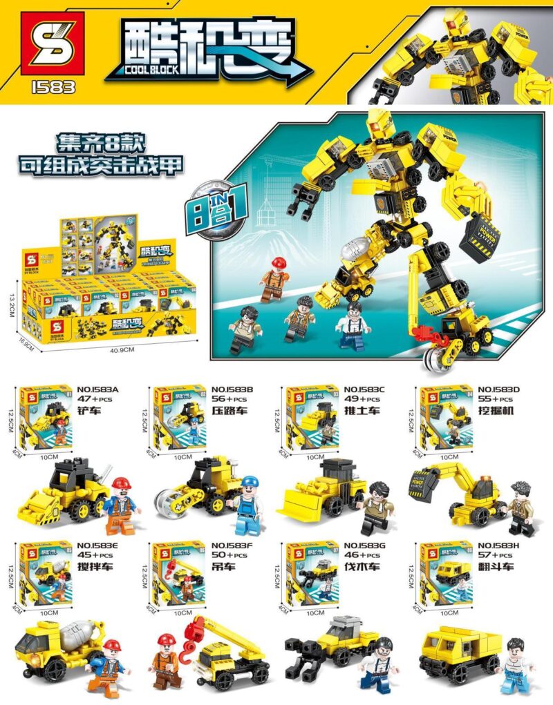 Bộ lắp ghép Robot Chiến Giáp Biến Hình SY 1583, đồ chơi lắp ráp Xe Công Trình 8 Trong 1, phù hợp bé trai 6 tuổi, giá tốt, hộp sản phẩm.
