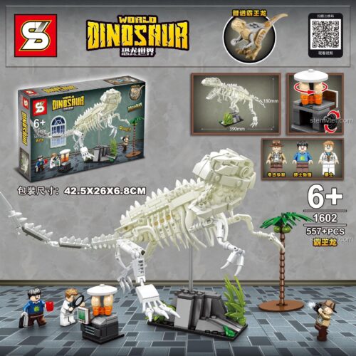 Hộp đồ chơi mô hình SY 1602 Bộ xương hóa thạch T-Rex, gồm 557 chi tiết, phù hợp cho con trai trên 6 tuổi.