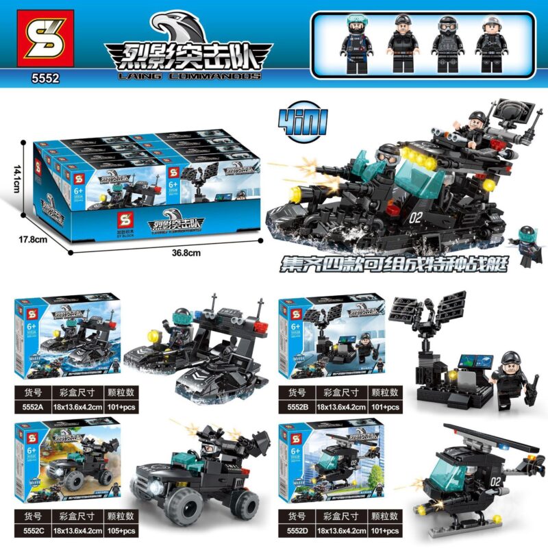 Bộ lắp ráp Tàu Chiến Đặc Chủng SY 5552 Biệt Đội Laing Commandos, đồ chơi cho bé trai 6 tuổi giá rẻ, gồm 408 mảnh ghép thành 5 mô hình khác nhau.