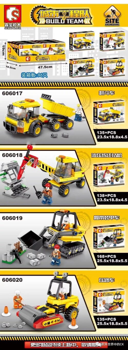 Bộ lắp ráp Đội xe công trình SY 606019 giá rẻ cho bé trai 6 tuổi, gồm 4 mô hình xe xây dựng thành phố: xe ben, xe lu, xe xúc, máy khoan.