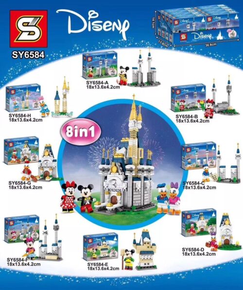 Bộ lắp ghép Lâu đài Disney SY6584, hộp sản phẩm chính, hiển thị 8 mô hình nhỏ và lâu đài lớn, phù hợp bé gái 6 tuổi, giá tốt.