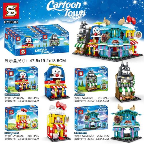 Bộ lắp ghép Phố Hoạt Hình SY6802 Jia Zhi SY Block, đồ chơi mô hình Cửa hàng Doraemon, Quán cà phê mèo Totoro, Tiệm hoa Hello Kitty, Quán Teppanyaki Sulley, cho bé gái 6 tuổi, giá tốt.