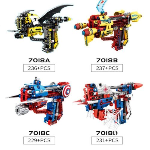 Bộ lắp ghép Súng lắp ráp Siêu Anh Hùng SY 7018B cho bé trai 6 tuổi, giá tốt, chất lượng cao. Hình ảnh 4 mẫu súng siêu anh hùng: Người Sắt, Người Nhện, Đội Trưởng Mỹ, Người Dơi.