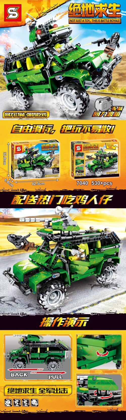 Bộ lắp ráp SY 7040 Xe Jeep Quân Sự PUBG với logo SY và dòng chữ 'NOT JUST A TOY, THIS IS BATTLE ROYALE', thể hiện sự mạnh mẽ và kịch tính của đồ chơi mô hình dành cho bé trai 6 tuổi, giá tốt.