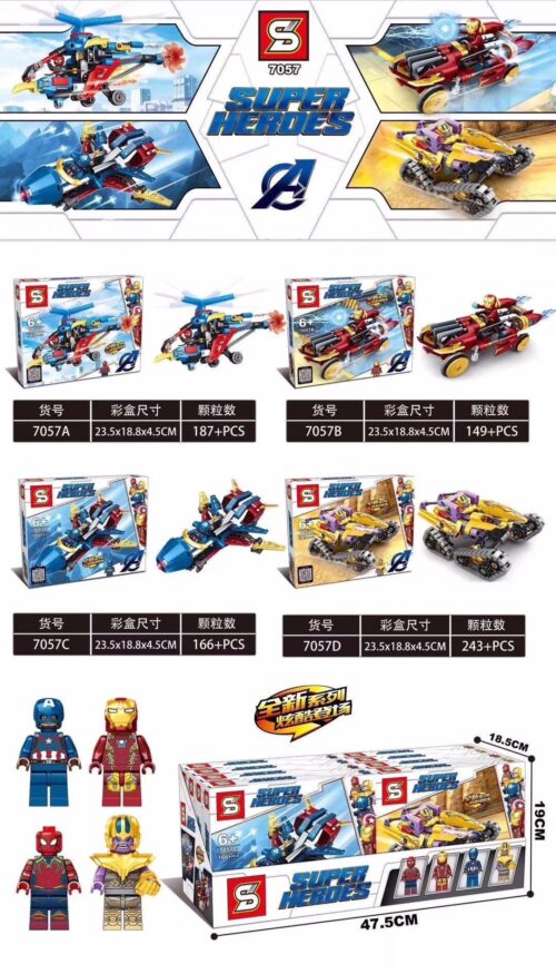 Bộ lắp ghép Xe Siêu Anh Hùng SY 7057 với trực thăng và xe chiến đấu Iron Man, đồ chơi lắp ráp chất lượng cao cho bé trai 6 tuổi.