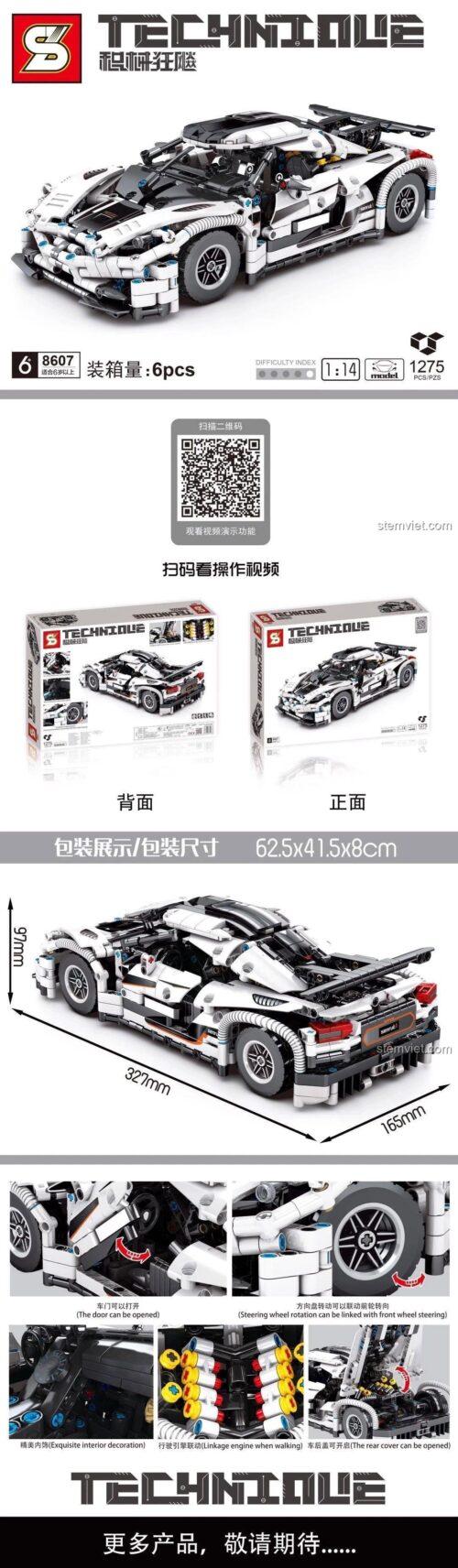 Hộp sản phẩm đồ chơi lắp ráp SY 8607 Koenigsegg One:1, hiển thị kích thước mô hình 1:14 và 1275 chi tiết, phù hợp bé trai 6 tuổi, đồ chơi mô hình Koenigsegg One:1.