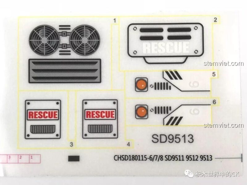 Tờ decal dán cho mô hình xe cứu hộ trên tuyết SY SD9513, tăng độ chi tiết cho sản phẩm.