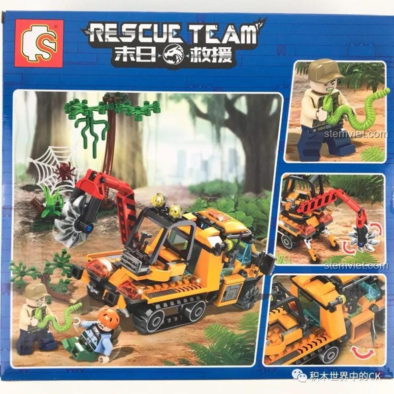 Bộ đồ chơi SY SD9548 Xe Bán Xích Cứu Hộ Rừng Rậm, hộp sản phẩm mặt sau, thể hiện các tính năng, đồ chơi lắp ghép cho bé trai 6 tuổi.