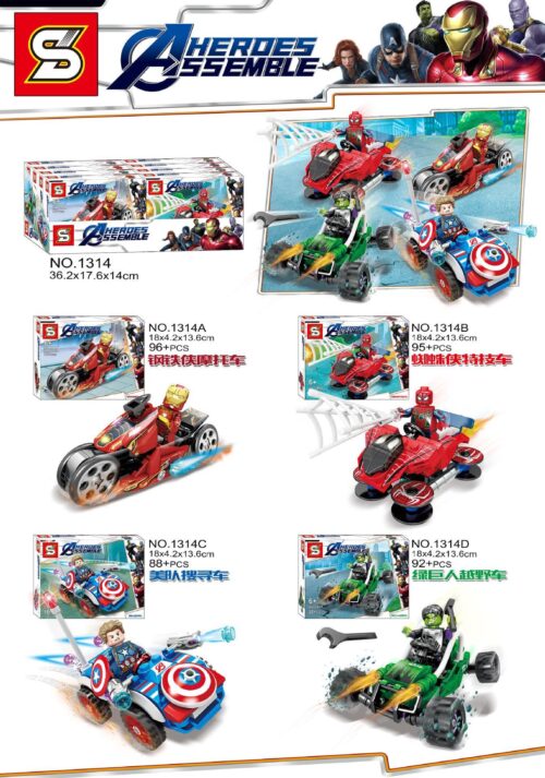 Bộ lắp ráp SY SY1314 Biệt Đội Tốc Độ Avengers, gồm 4 xe của Iron Man, Spider-Man, Captain America và Hulk, đồ chơi sáng tạo cho bé trai 6 tuổi.