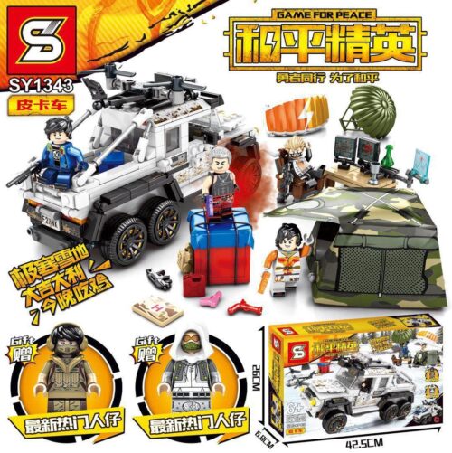 Toàn cảnh bộ lắp ráp Xe bán tải PUBG SY1343 với xe 6 bánh, 6 minifigures, lều trại và nhiều vũ khí. Đồ chơi cho bé trai 6 tuổi giá rẻ.