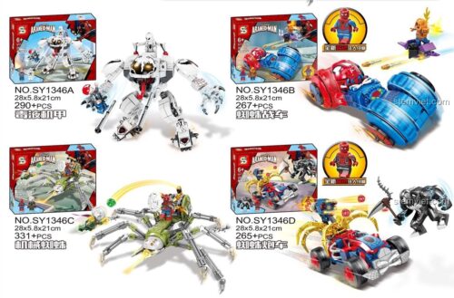 Chi tiết 4 mô hình trong bộ xếp hình SY1346: Robot Venom, Xe đua Người Nhện, Robot Nhện cơ khí và Siêu xe Người Nhện.