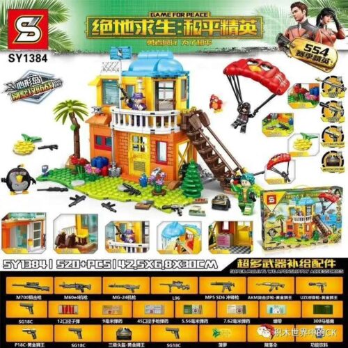 Bộ đồ chơi lắp ráp SY SY1384 Biệt Thự Đảo Trái Tim Game For Peace, 520 mảnh ghép, nhiều vũ khí, minifigure nhảy dù, phù hợp bé trai 6 tuổi, giá tốt.