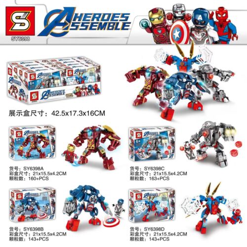 Bộ lắp ráp Robot Siêu Anh Hùng Marvel SY SY6398 giá rẻ cho bé trai 6 tuổi, gồm 4 mẫu Iron Man, Captain America, War Machine, Spider-Man.