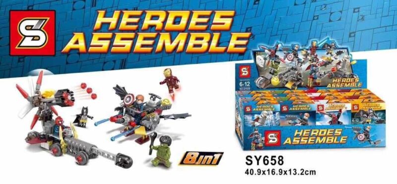 Hộp chính bộ lắp ráp siêu anh hùng SY SY658 Heroes Assemble 8 trong 1, đồ chơi mô hình cho bé trai 6-12 tuổi, giá tốt.