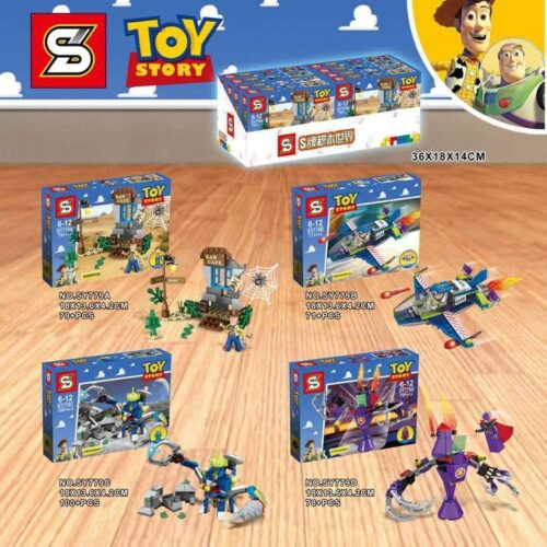 Trọn bộ 4 mẫu đồ chơi xếp hình SY SY779 Toy Story, bao gồm mẫu SY779A Cảnh quán bar của Woody. Món quà cho bé trai 6 tuổi.