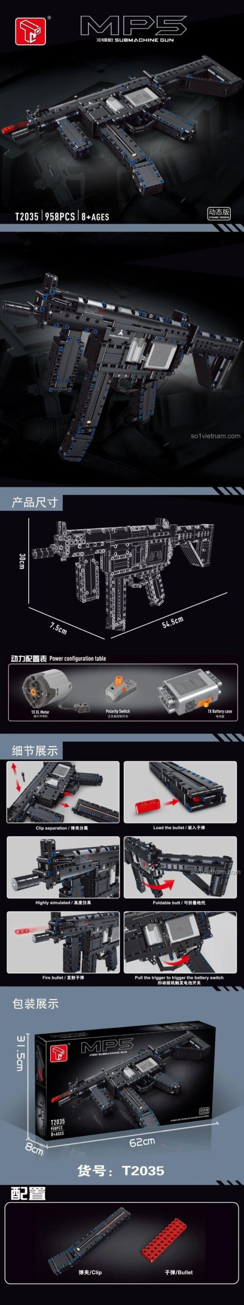 đồ chơi mô hình T2035 Súng lắp ráp MP5 Taigao Le, báng súng gập gọn, bắn đạn nhựa, kích thước mô hình, đồ chơi cho bé trai 8 tuổi