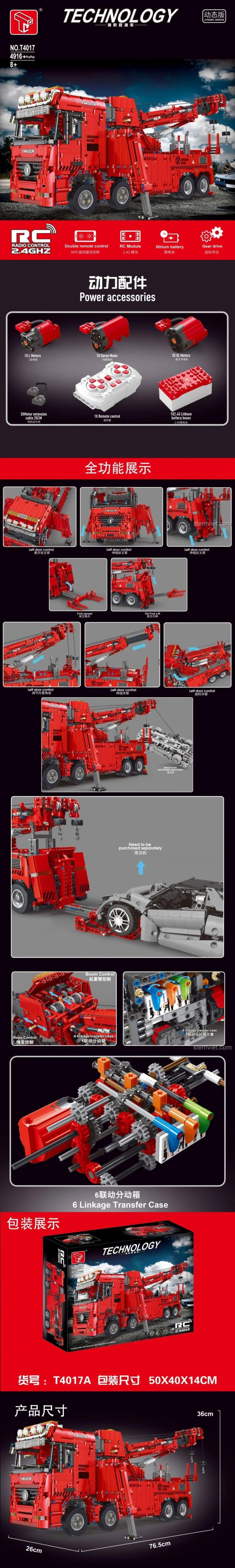 Tính năng chi tiết của Xe Tải Cứu Hộ T4017 màu đỏ, bao gồm động cơ, điều khiển từ xa, các chức năng nâng hạ, đồ chơi mô hình Taigao Le T4017