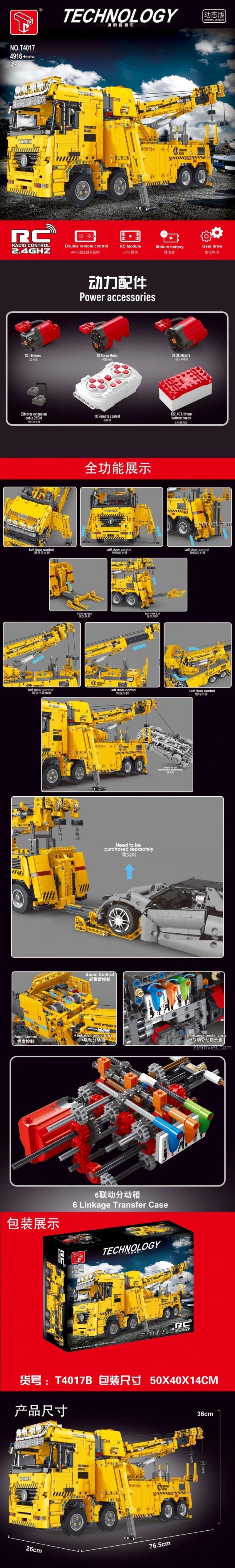 Tính năng chi tiết của Xe Chuyên Dụng Cứu Hộ T4017 màu vàng, bao gồm động cơ, điều khiển từ xa, các chức năng nâng hạ, đồ chơi mô hình Taigao Le T4017