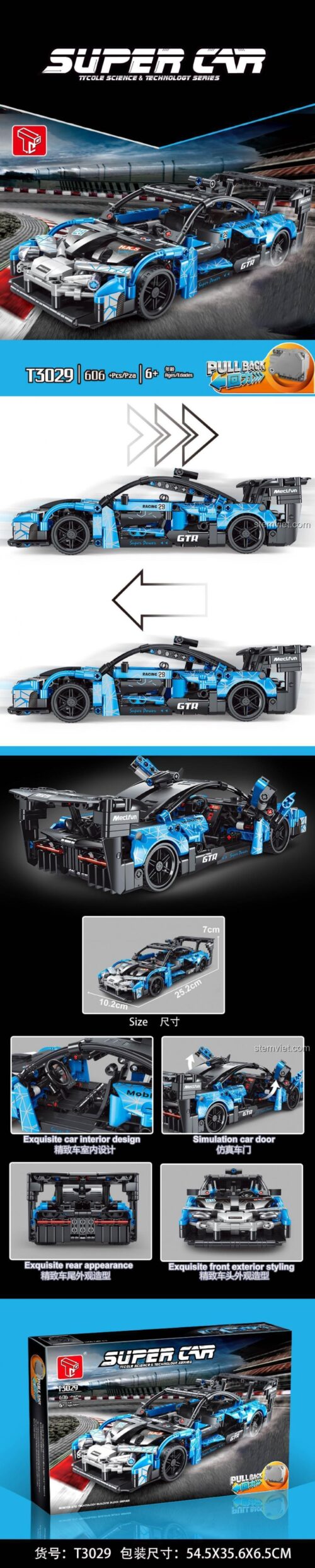 Chi tiết các tính năng của đồ chơi mô hình Taigaole, Xe đua McLaren Senna GTR Taigaole T3029, có động cơ kéo lùi.