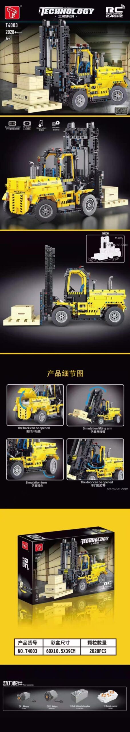 Mô hình Xe Nâng Công Trình Taigaole T4003 với kích thước chi tiết, tính năng nâng hạ càng và điều khiển từ xa, đồ chơi lắp ráp cho bé trai 6 tuổi