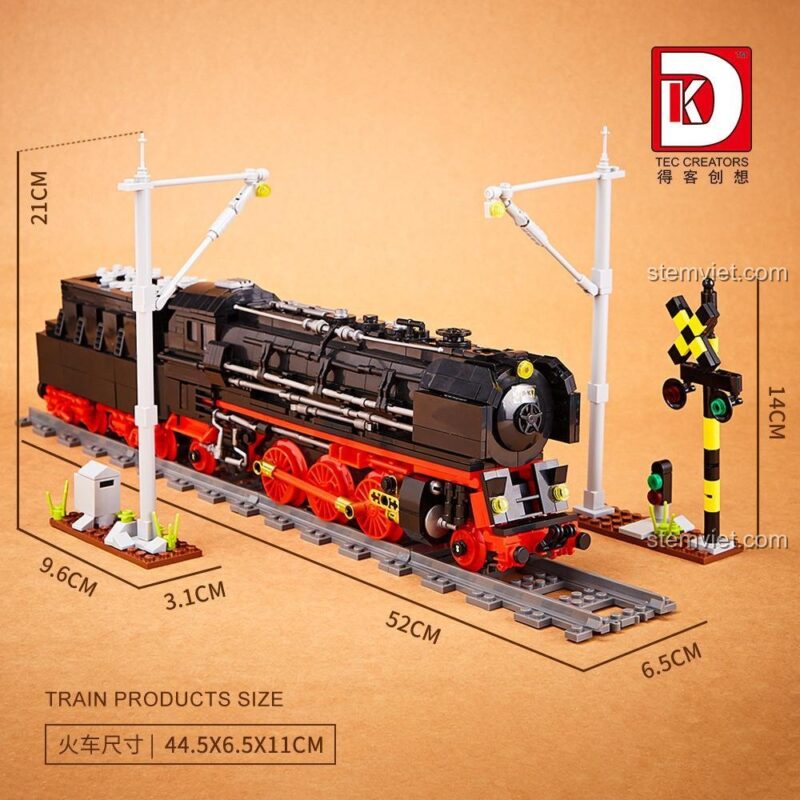 Mô hình tàu hỏa cổ điển 80016 TEC Creators, ảnh thể hiện kích thước chi tiết của mô hình tàu hỏa, giúp người mua dễ hình dung sản phẩm.