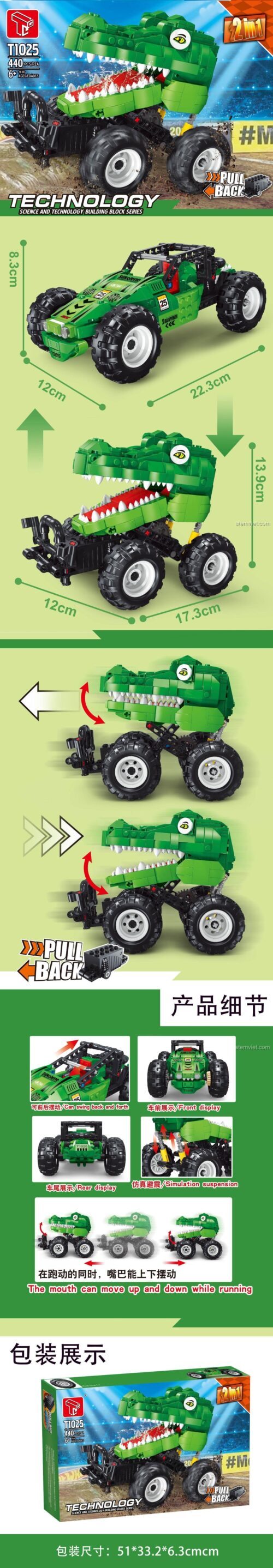 Chi tiết tính năng của đồ chơi mô hình Xe Monster Truck Cá Sấu TEC Creators T1025, miệng cử động, lắp được 2 kiểu, dành cho bé trai.