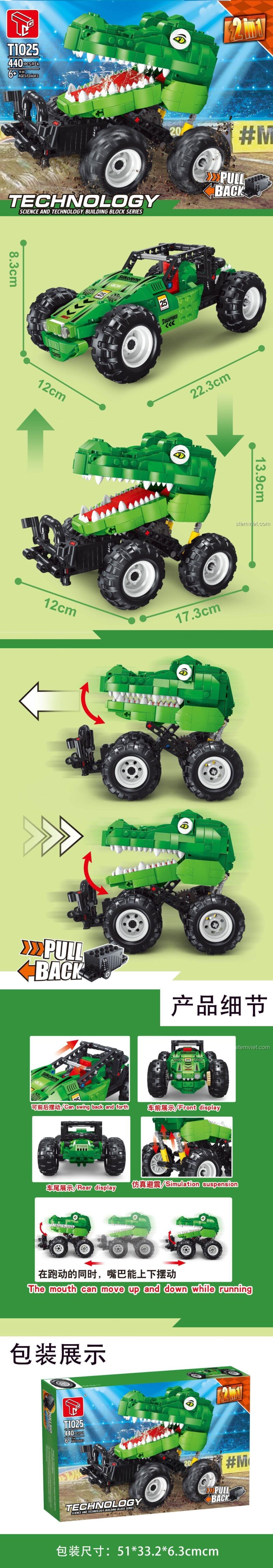 Chi tiết tính năng của đồ chơi mô hình Xe Monster Truck Cá Sấu TEC Creators T1025, miệng cử động, lắp được 2 kiểu, dành cho bé trai.