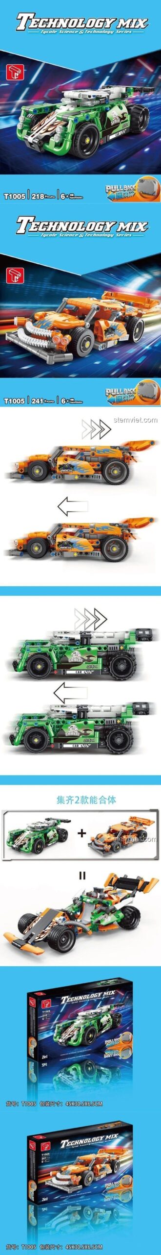 Chi tiết đồ chơi mô hình Bộ đôi Xe Đua Technic TGL T1005, có động cơ kéo lùi mạnh mẽ, quà tặng sáng tạo cho con trai.