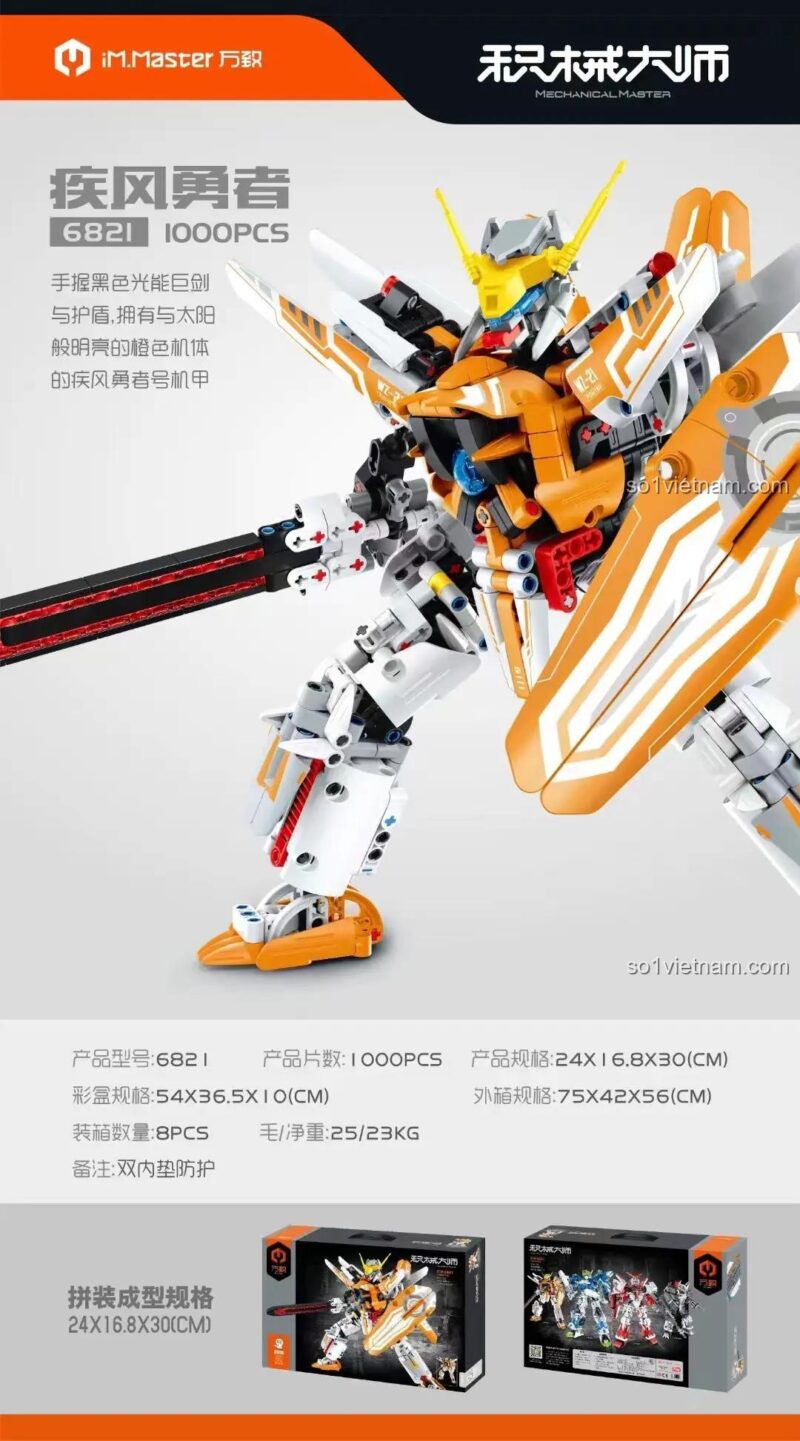 Thông số kỹ thuật của Cơ giáp Phong Bạo 6821 của 万致IM.Master/启辉玩具QIHUI: 1000 mảnh, kích thước mô hình 24x16.8x30 cm, hộp 54x36.5x10 cm