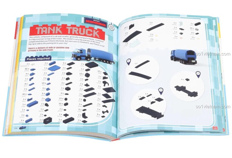 Hướng dẫn lắp ráp xe bồn từ cẩm nang lắp ghép LEGO® Thunder Bay Press, chi tiết các khối lắp ghép, rèn luyện kiên nhẫn cho trẻ 6 tuổi.